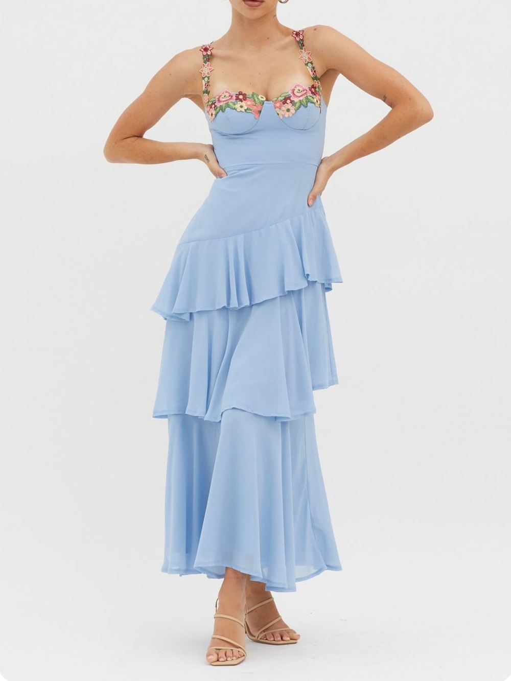 Light Blue Tiered Midi Dress with Floral Strap Detail
